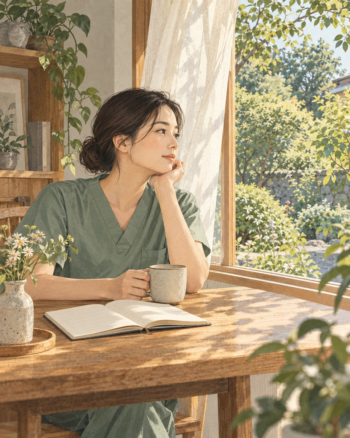 窓辺でノートを開き、お茶を飲んでひと息つく看護師を描いたイメージイラスト